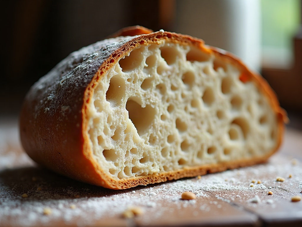 Evenly open sourdough crumb that is dry and well structured throughout