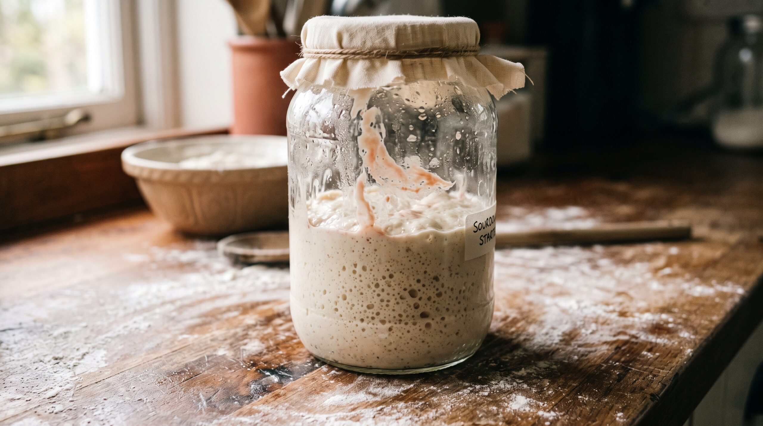 A glass jar of sourdough starter showing faint pink and orange streaks on the surface