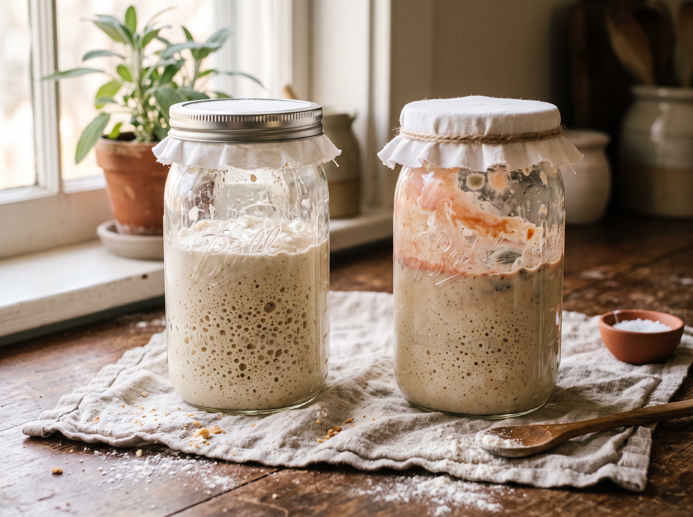 Two jars of starter side by side, one healthy and cream colored, one tinged pink and orange