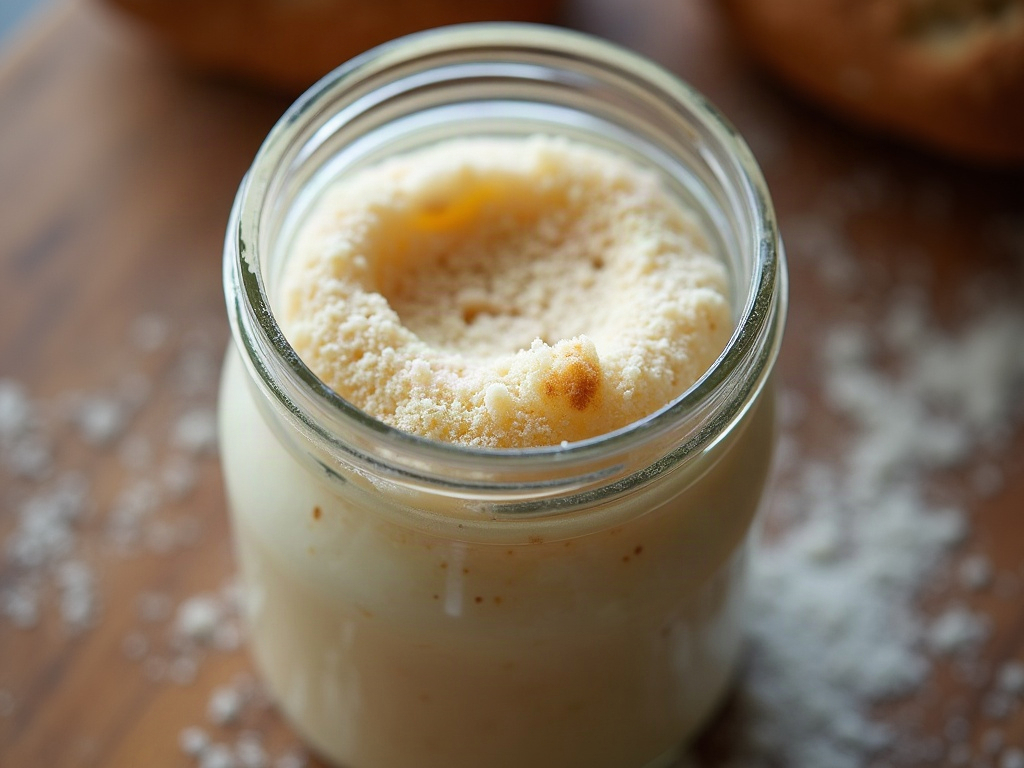 A healthy sourdough starter with a harmless layer of grey-brown hooch liquid on top