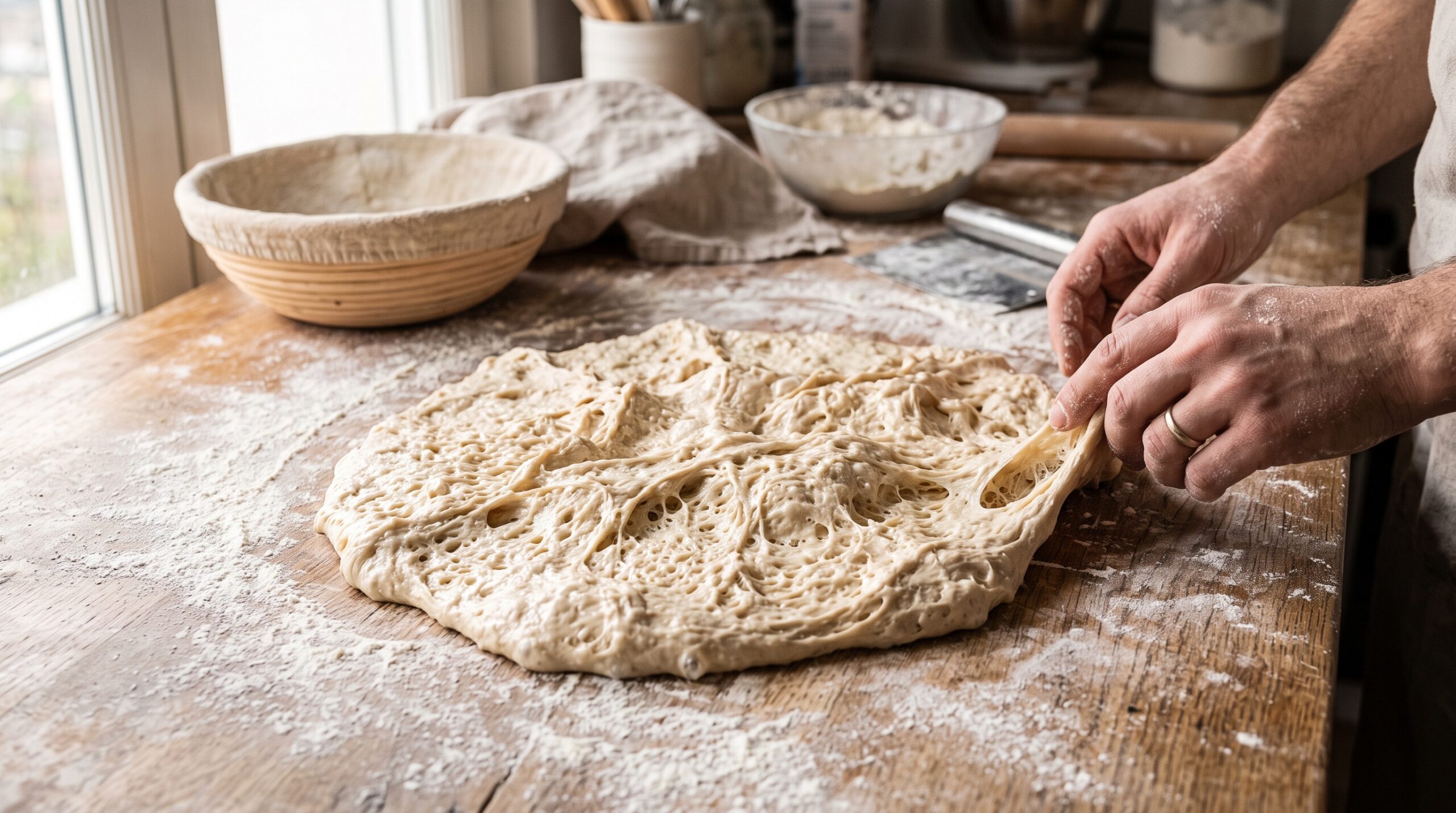 An overproofed sourdough dough turned out flat and slack on a floured counter, its surface over-bubbled and sagging
