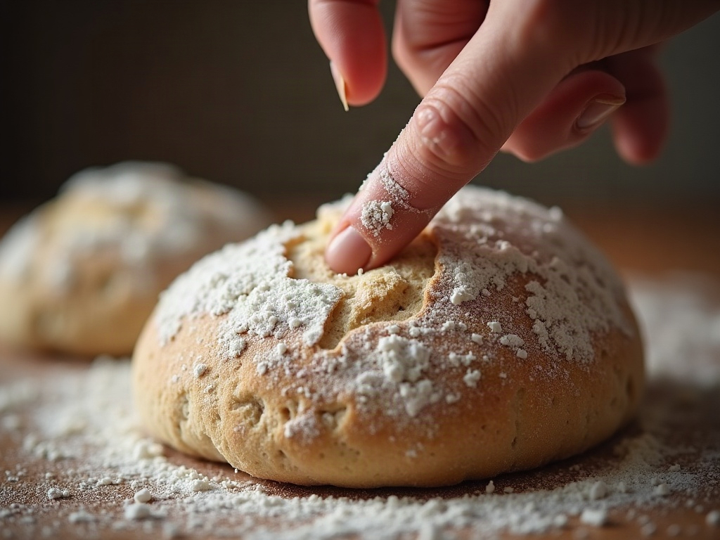 A floured finger pressing a dent into sourdough dough, the indentation staying put instead of springing back