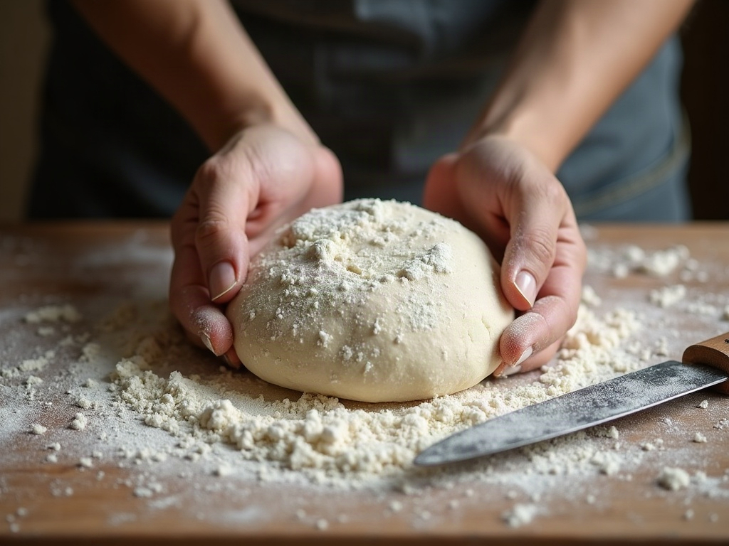 Floured hands gently pre-shaping a slack, loose sourdough dough back into a loose round with a bench knife nearby