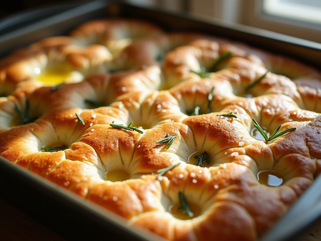 Overproofed dough pressed and dimpled into an oiled pan for focaccia, with olive oil pooling in the dimples and rosemary on top