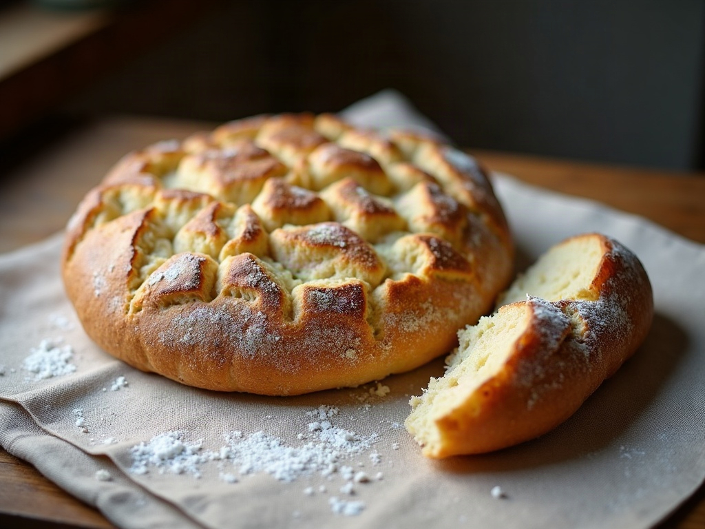 A golden rescued focaccia next to a shorter boule cut open to show a tighter but edible crumb