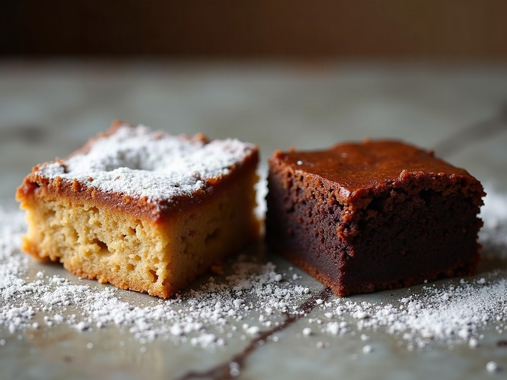 A cakey dry brownie next to a glossy fudgy brownie for comparison