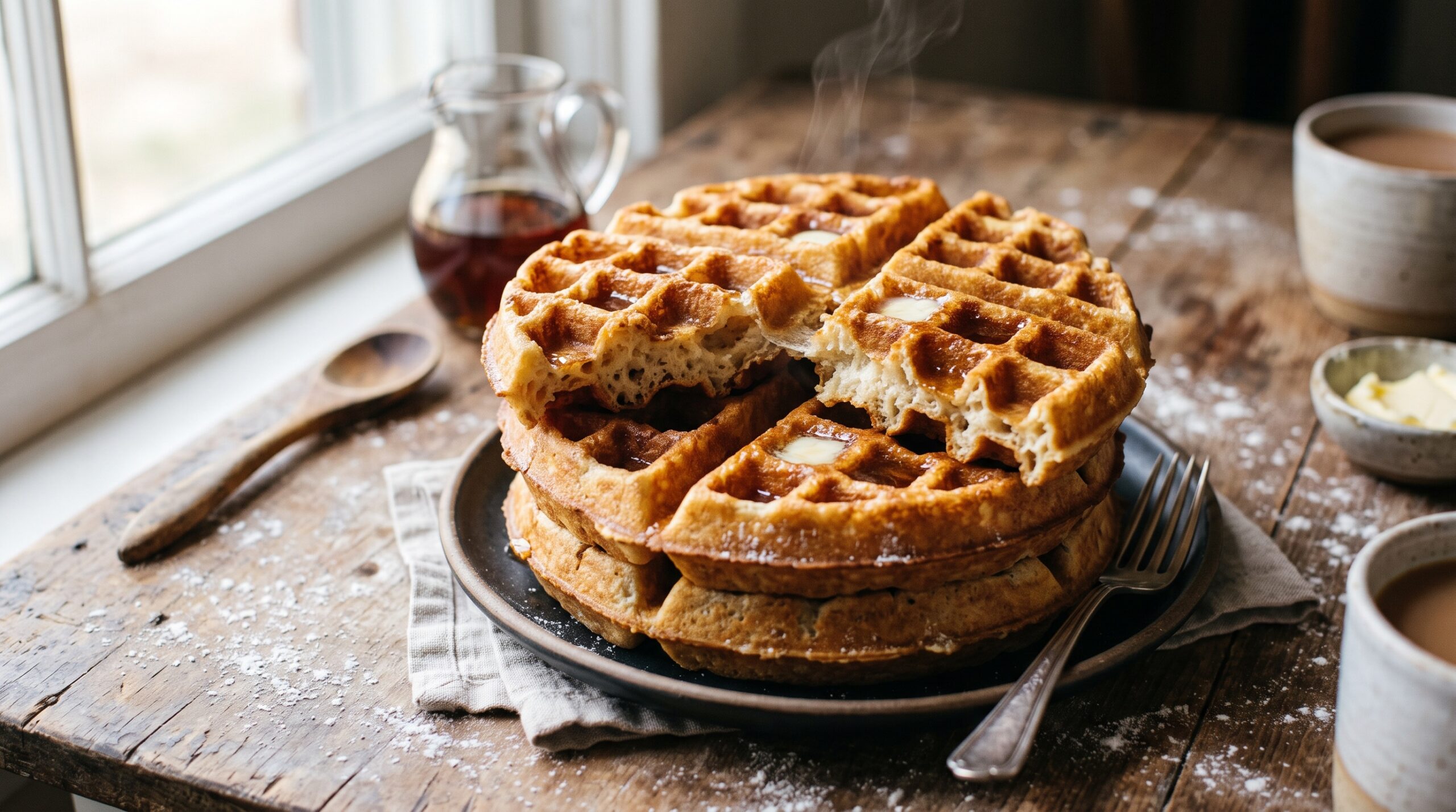 A stack of golden sourdough discard waffles with deep pockets, the top one torn open to show a fluffy interior