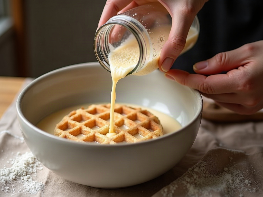 Bubbly sourdough discard being poured from a jar into a bowl of waffle batter