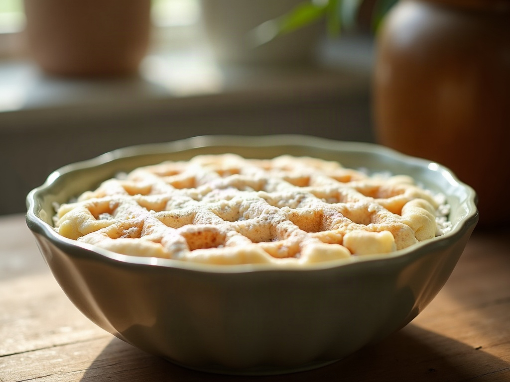 A bowl of sourdough waffle batter left to ferment overnight, risen and bubbly