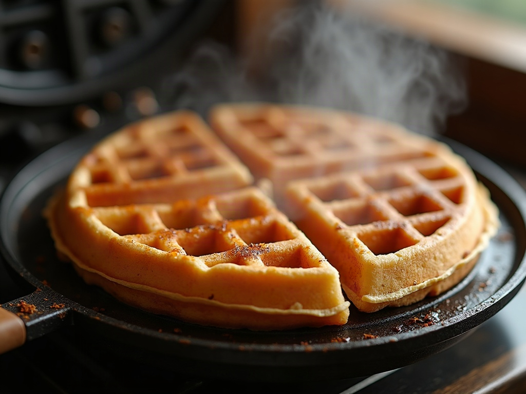 A sourdough waffle cooking in an open waffle iron, golden with steam escaping