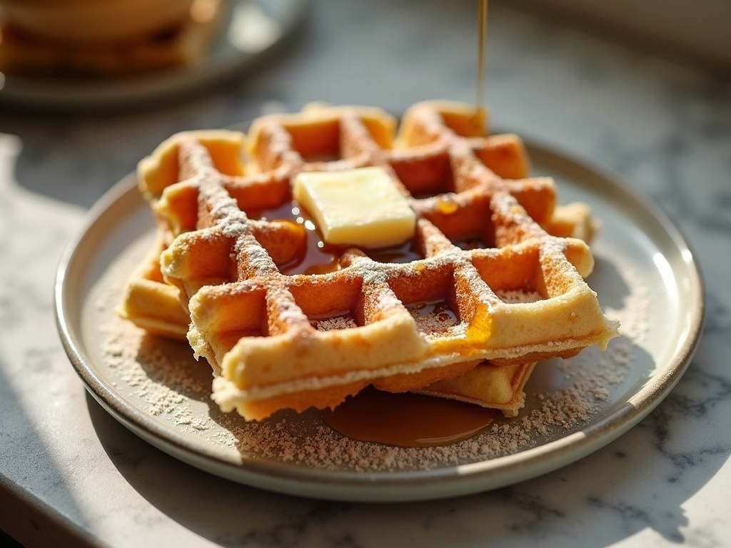 A crisp sourdough waffle topped with melting butter and honey pooling in its pockets
