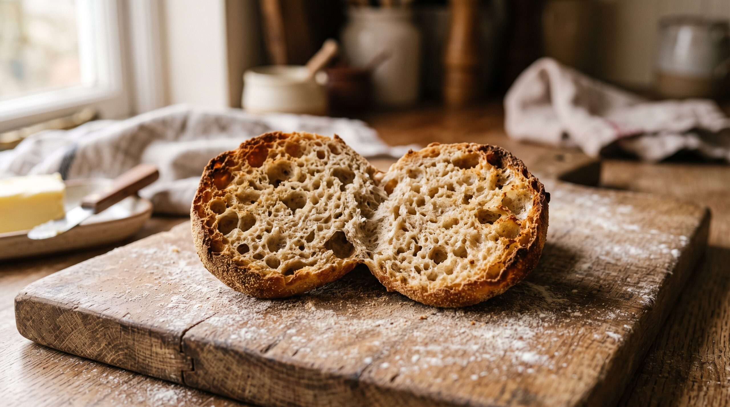 A split sourdough English muffin showing an open, craggy interior full of nooks and crannies