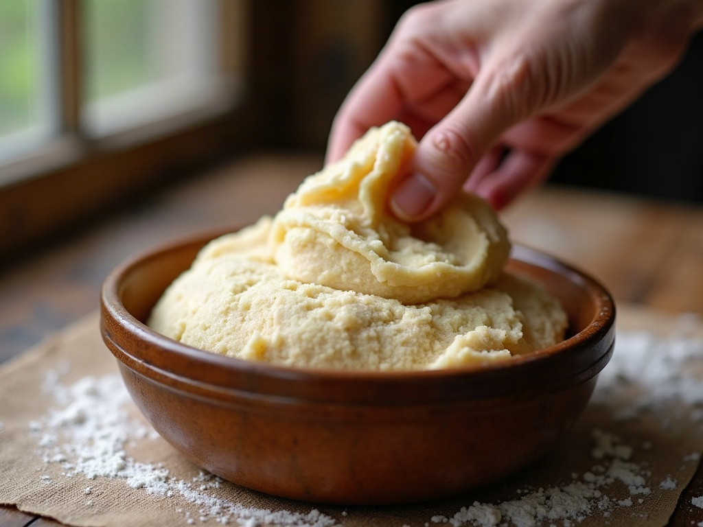 Wet, slack sourdough English muffin dough being folded by hand in a bowl