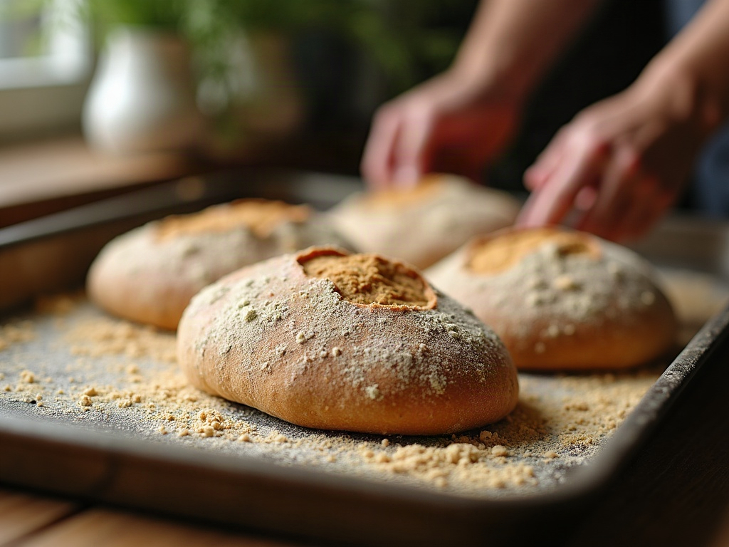 Portioned rounds of sourdough dough dusted with cornmeal resting on a tray