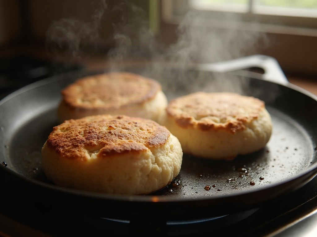 Sourdough English muffins slowly cooking and doming on a dry cast-iron skillet