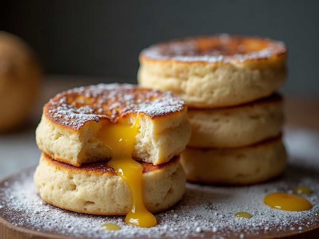 A split and toasted sourdough English muffin with butter melting into its craggy holes