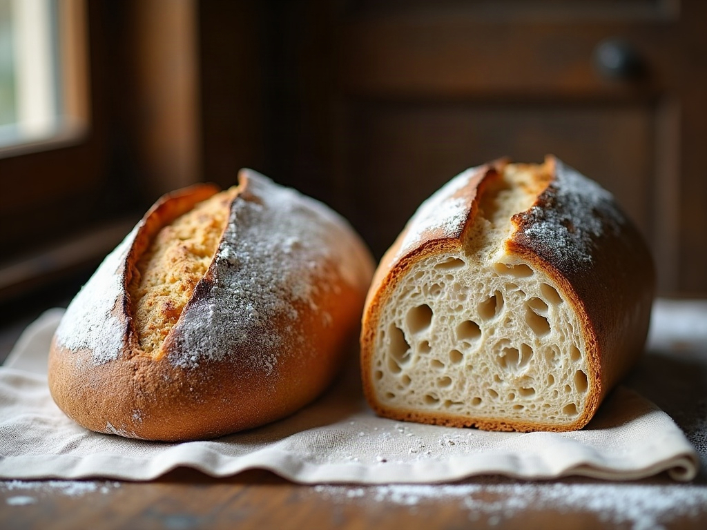 Two sourdough loaves compared, one tall and airy, one dense with a paddle hole from a bread machine