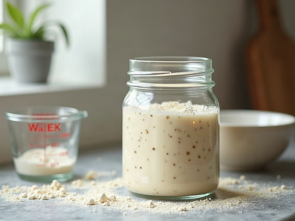 A jar of bubbly active sourdough starter beside flour and water ingredients