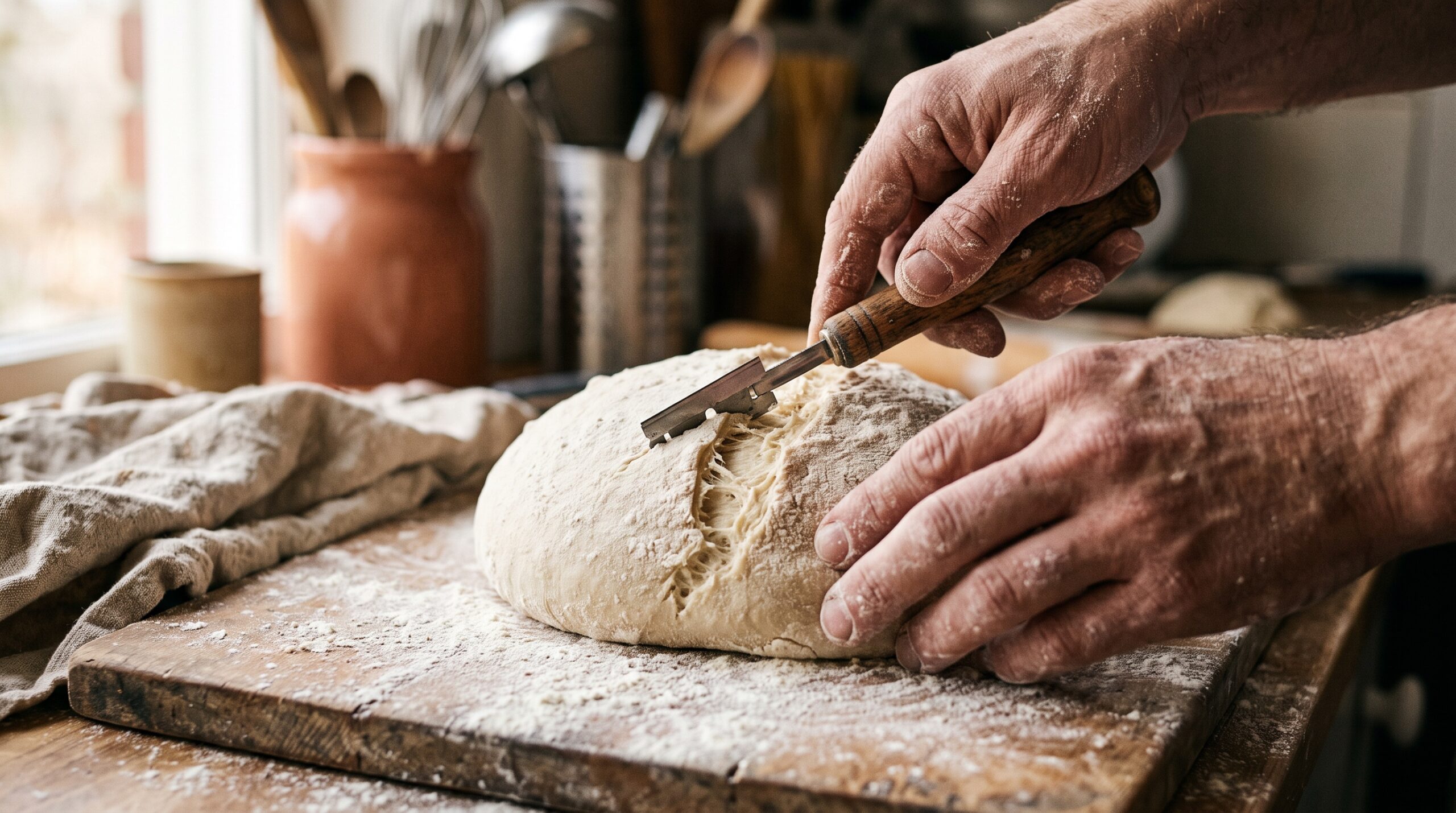 Hands scoring a sourdough boule while the lame drags and tears a ragged line instead of cutting cleanly