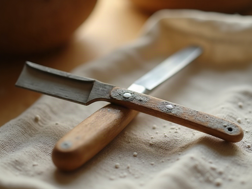A sharp fresh razor on a wooden lame beside a dull bent old blade on flour-dusted linen