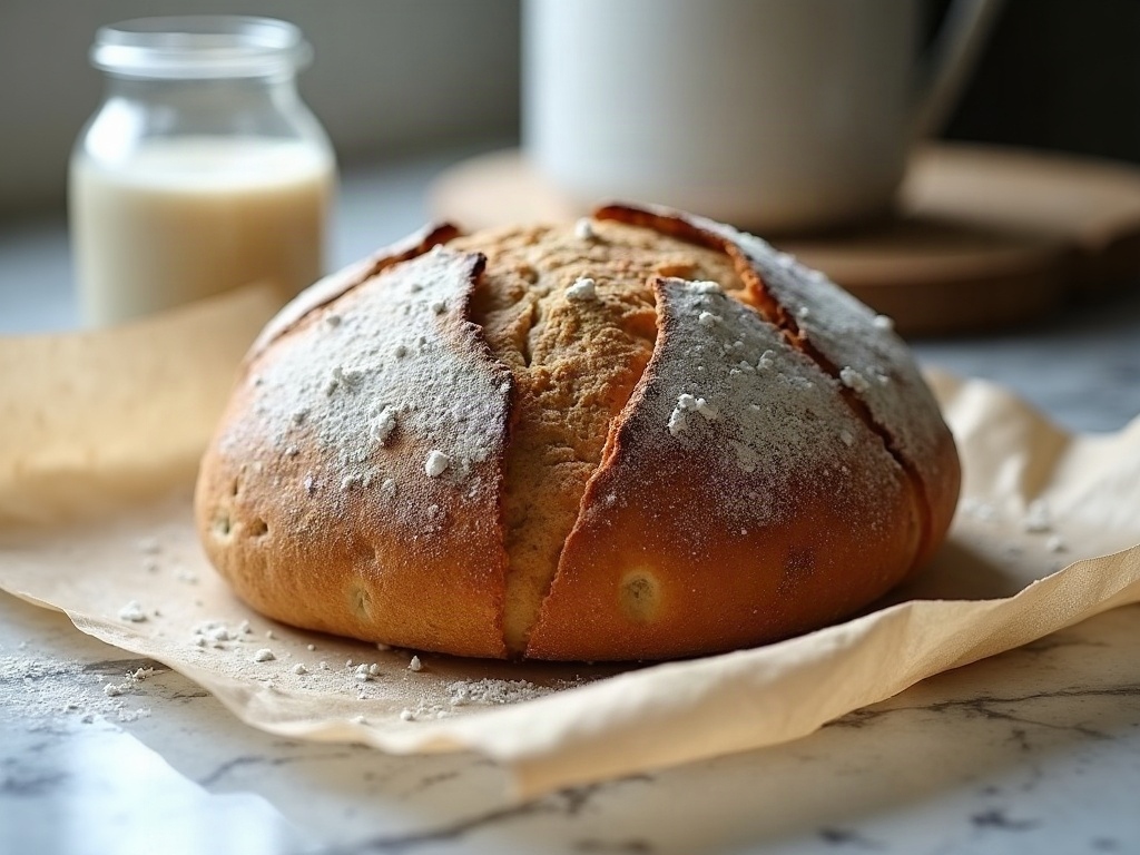 A cold firm sourdough boule fresh from the fridge with a taut flour-dusted skin ready to score