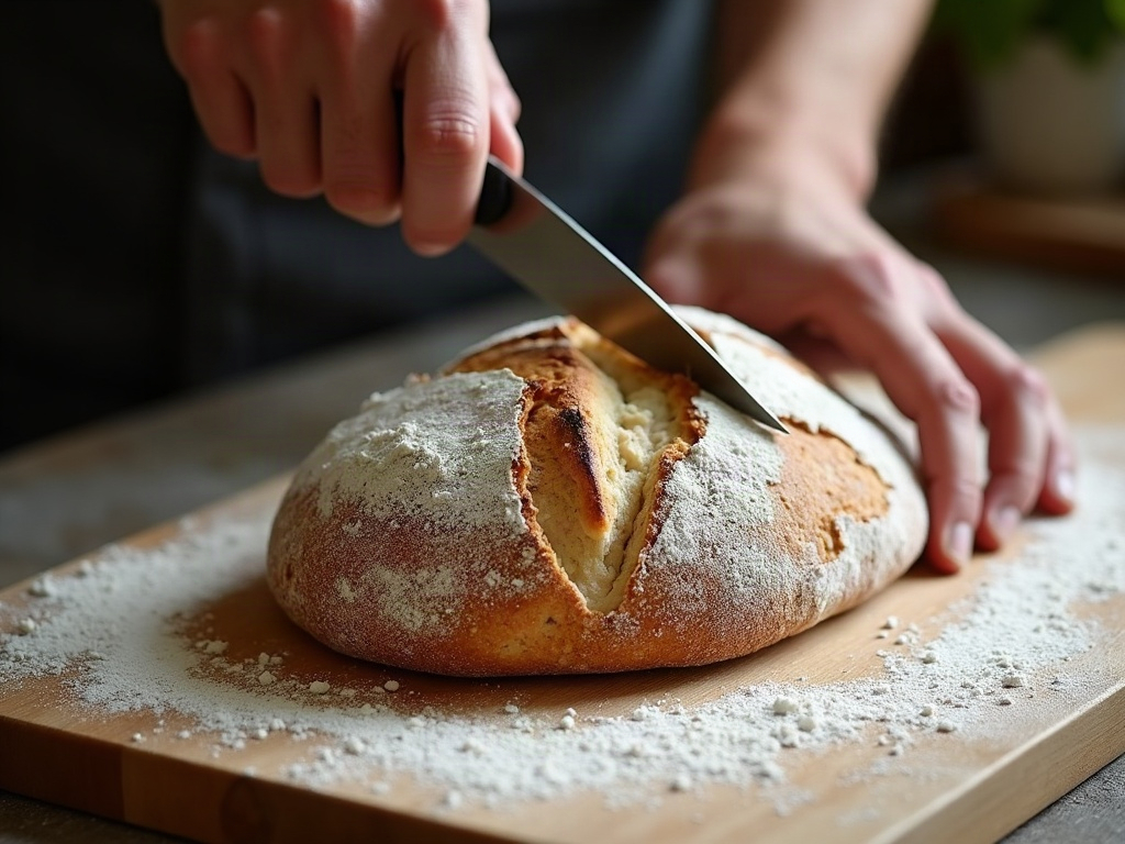 A single confident shallow-angle scoring stroke opening one clean decisive line on a sourdough boule