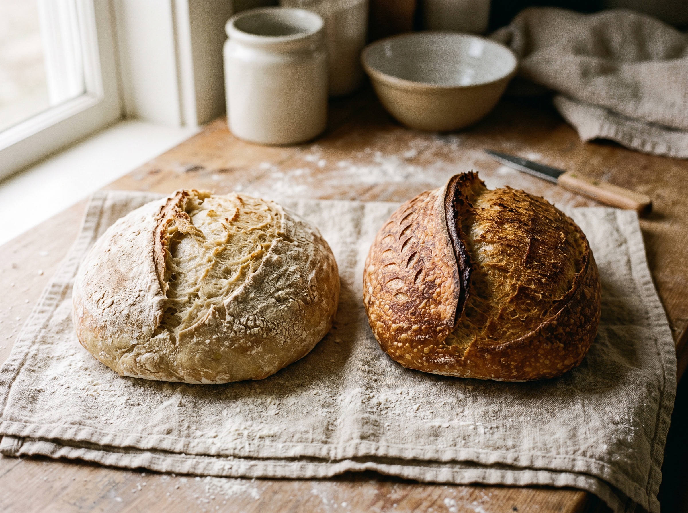 Two baked loaves compared, one with a torn flat slash, one with a clean bloomed ear