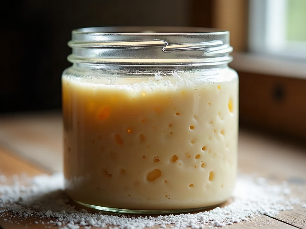A jar of sourdough starter that has risen and collapsed, sunken with a thin layer of liquid on top