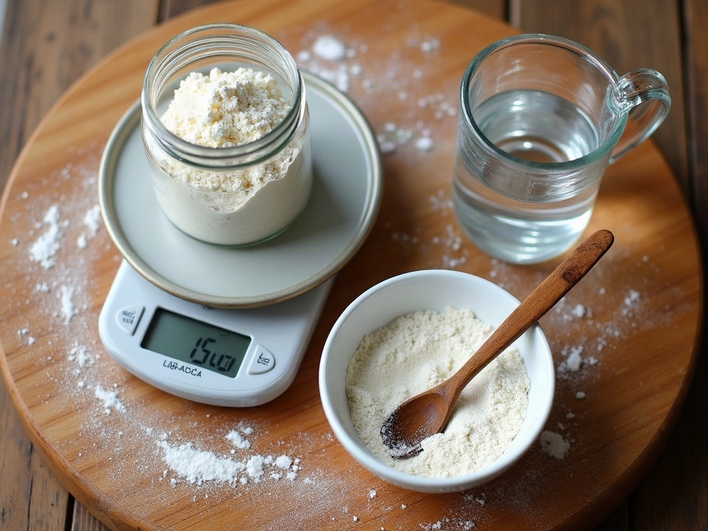 A kitchen scale, flour, water and a jar laid out for feeding a sourdough starter by weight