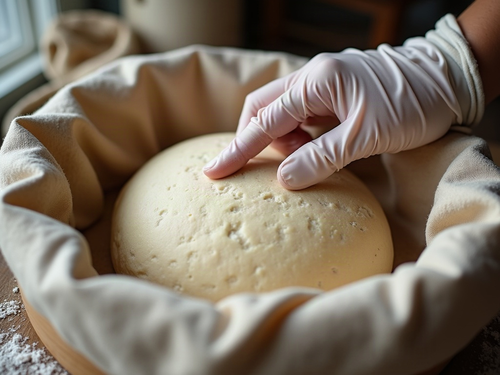 Finger poke test on proofing sourdough dough in a banneton