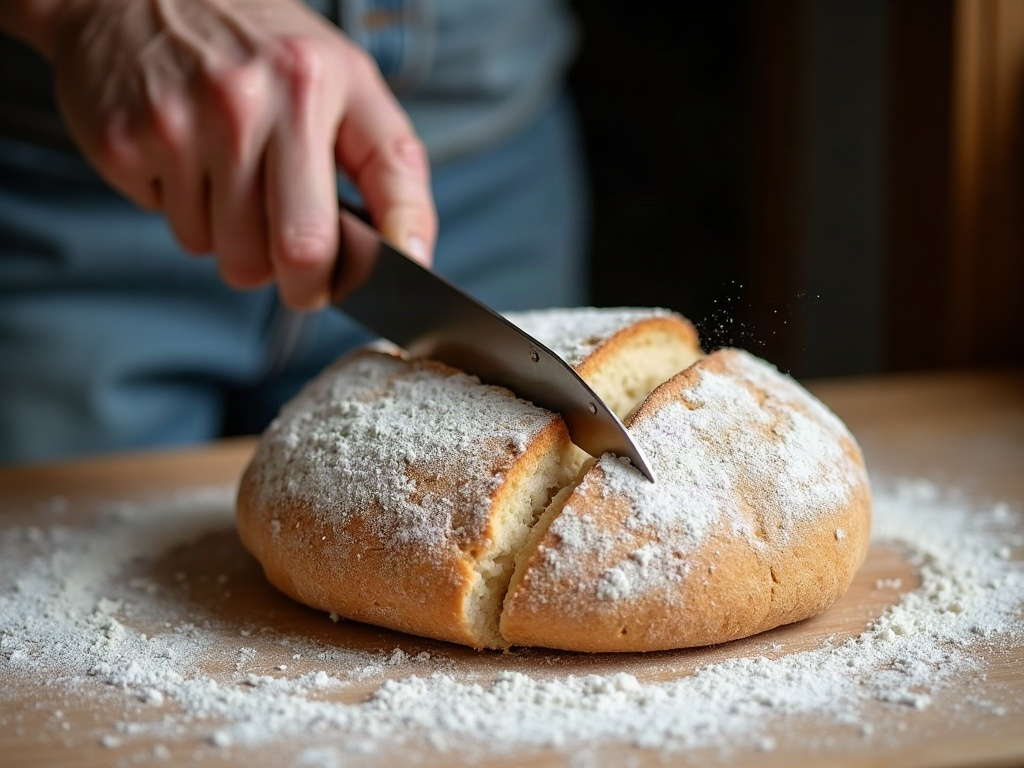 Scoring a sourdough loaf at a shallow angle with a lame